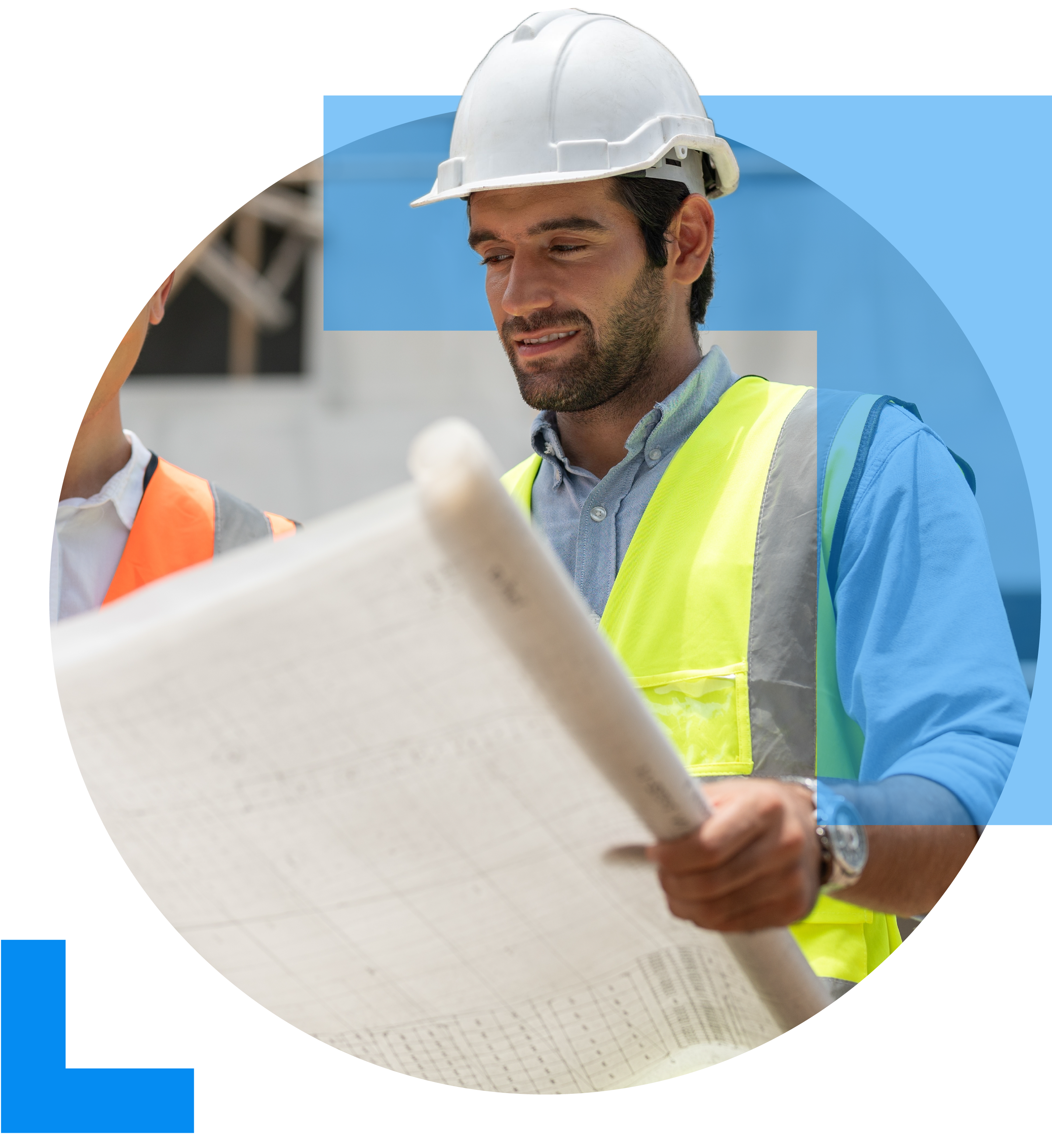 A construction worker wearing a white hard hat, analysing the blueprint for an ongoing project, symbolising the Construction sector.