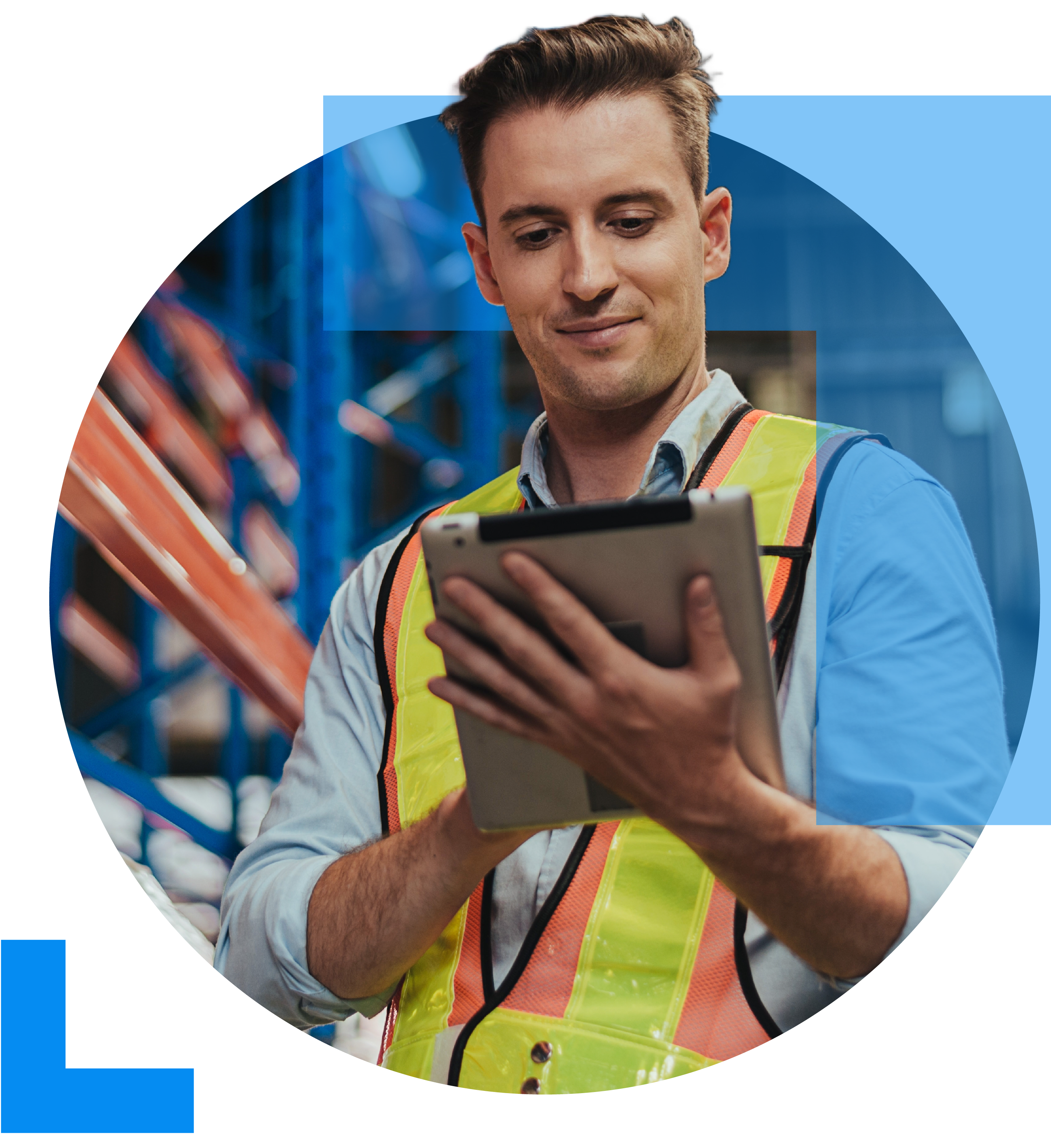 A man in work attire uses a clipboard to oversee logistical oporations within a warehouse, representing the Distribution and Logistics sector.