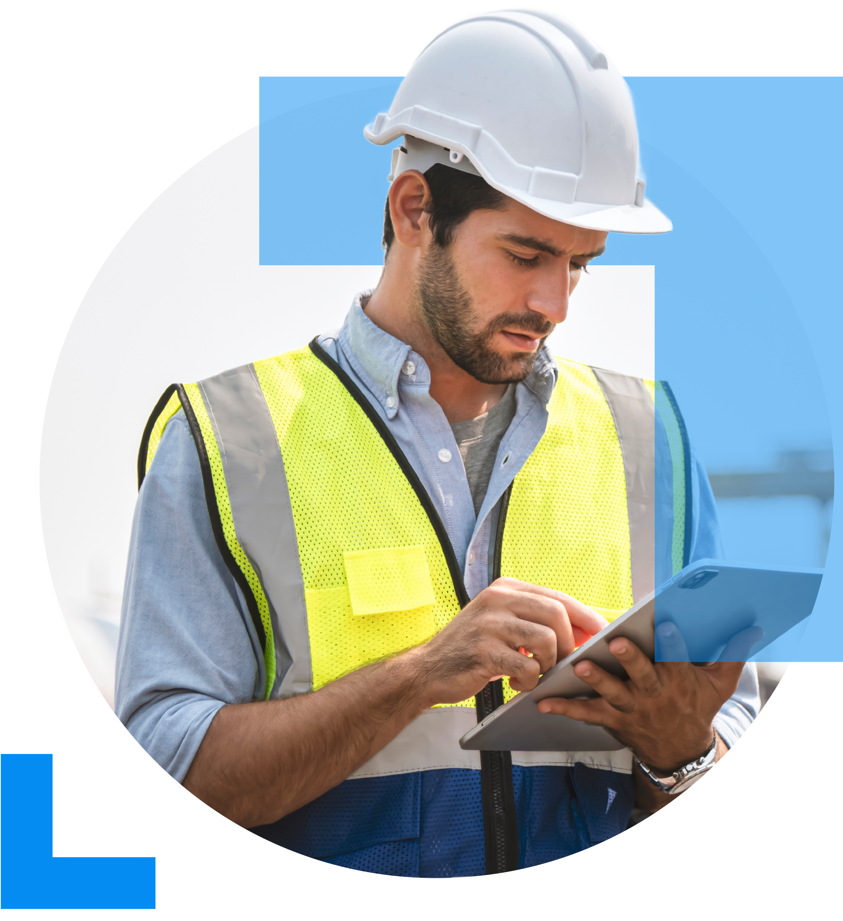 An engineer wearing a hard hat and a high visibility jacket. working on a tablet, overseeing engineering activities, representing the engineering sector.
