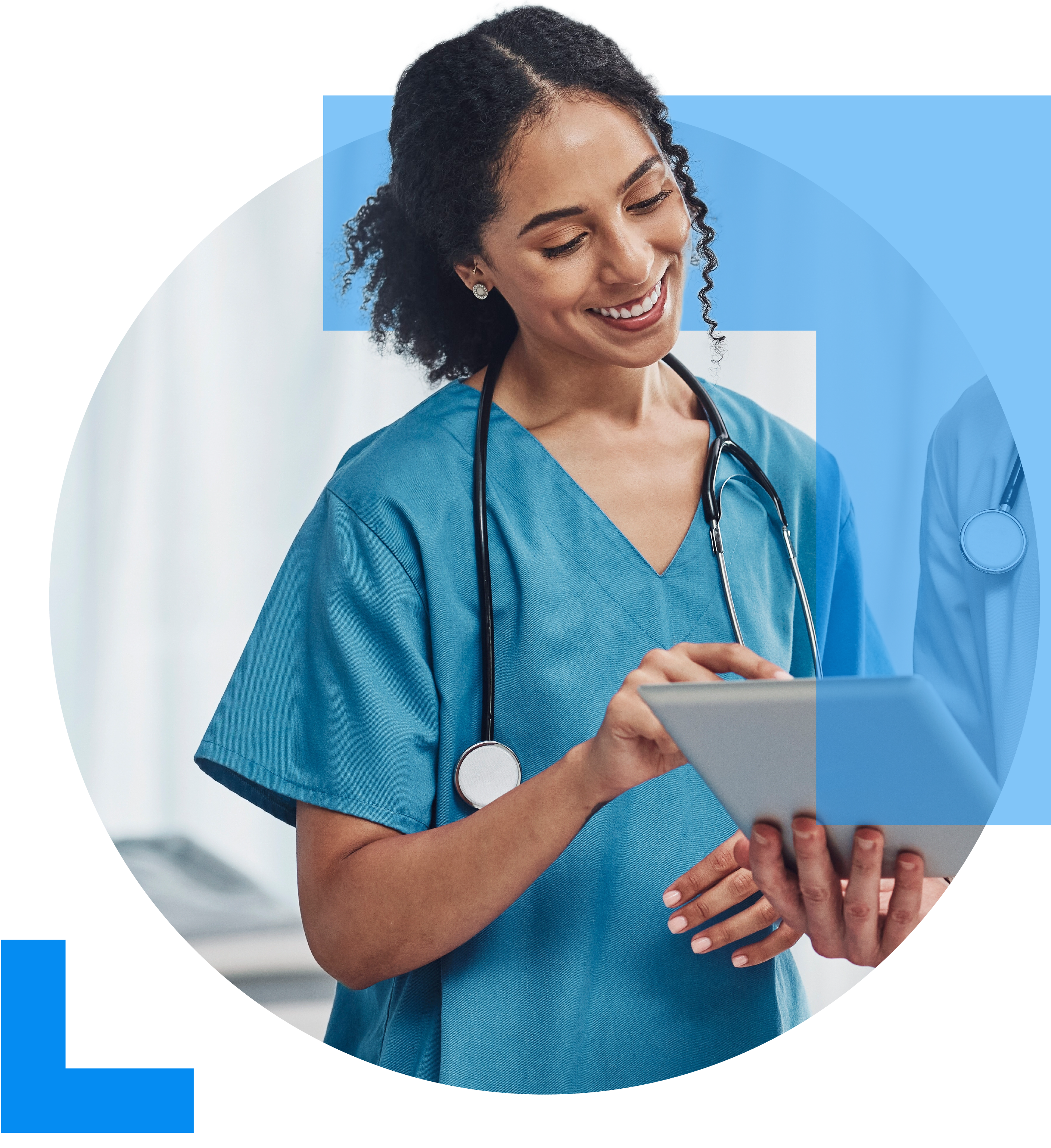 A doctor in blue medical attire smiles while pointing at a clipboard held by a colleague, representing the Healthcare sector.
