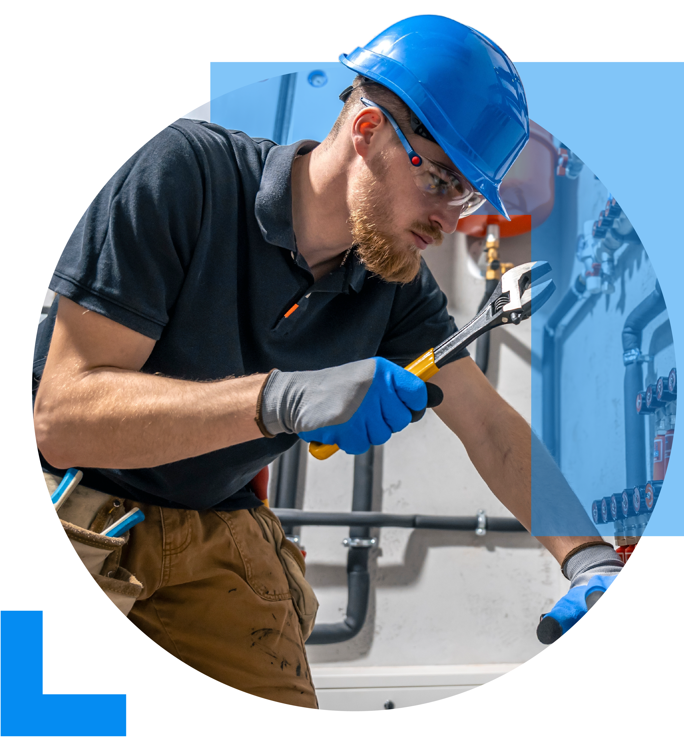 A plumber wearing work clothes and a blue hard hat, holding a large spanner in one hand, symbolising the plumbing sector.