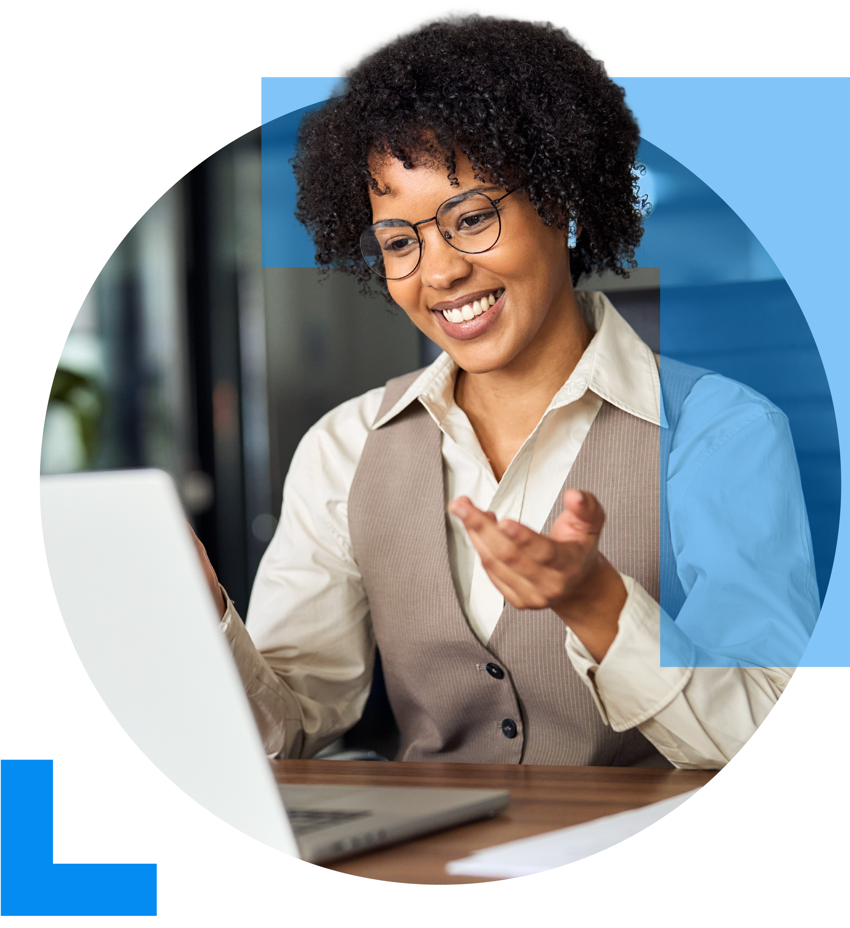 A friendly professional consultant uses a laptop, engaged in a conversation with a client, representing the Professional Services sector