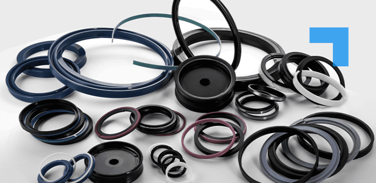 An assortment of industrial rubber seals and O-rings in various sizes and colours arranged on a light surface, including large blue and black sealing rings, smaller gasket rings and circular rubber components commonly used for hydraulic or mechanical sealing applications.