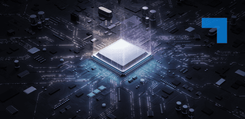 A stylised digital illustration of a central microchip glowing with blue light on a dark circuit board, with illuminated pathways radiating outward to surrounding electronic components, representing advanced computing, connectivity, and embedded technology.
