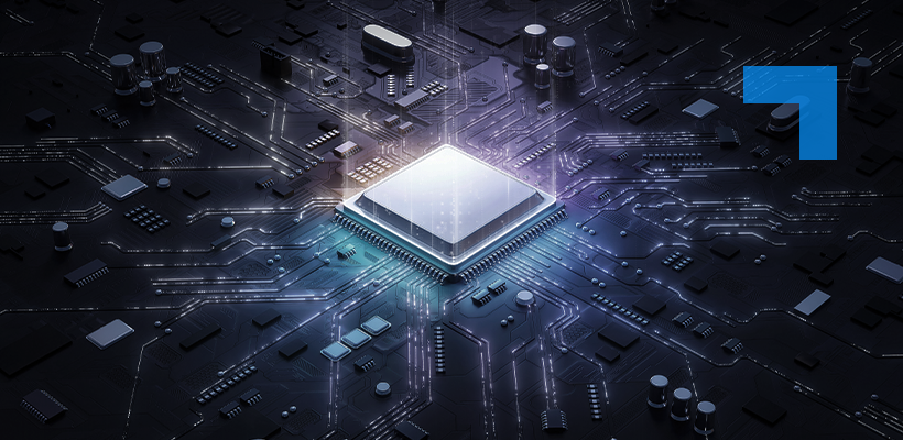 A stylised digital illustration of a central microchip glowing with blue light on a dark circuit board, with illuminated pathways radiating outward to surrounding electronic components, representing advanced computing, connectivity, and embedded technology.