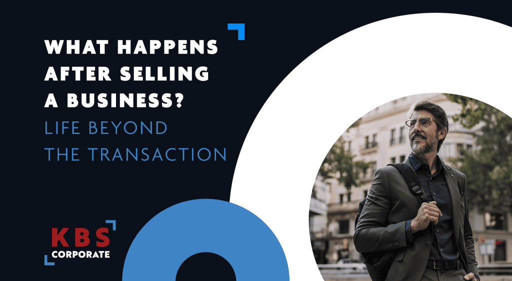 Businessman looking wistful next to text saying "What happens after selling a business? Life beyond the transaction"